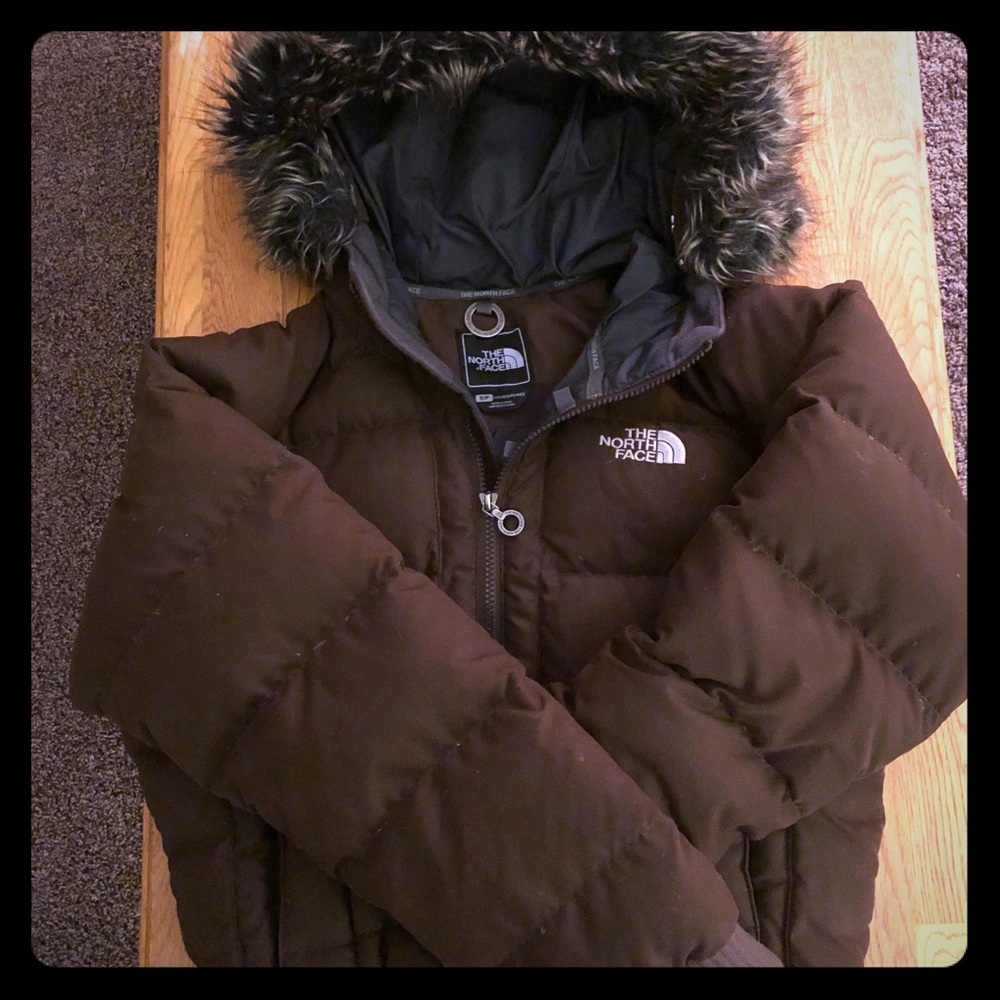 The North Face brown fur hood puffer jacket